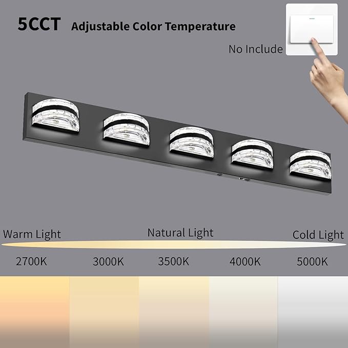 LED Bathroom Vanity Light, 360°Rotatable, 2560LM 5 Light, Black Modern Matte Bathroom Lighting Fixtures, Over Mirror Vanity Lights for Bedroom, Living Room ETL Certified