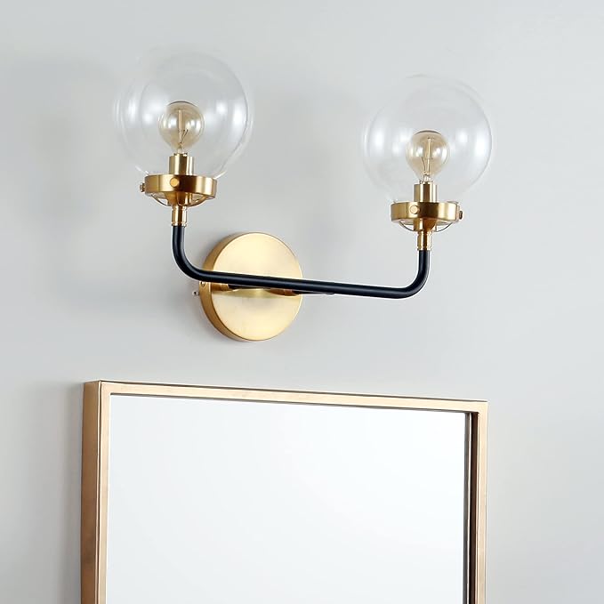 JONATHAN Y 18" Black/Brass Gold 2-Light LED Wall Sconce Vanity Lighting, Clear Glass Globe Shade Modern Contemporary Sconce for Bathroom Mirror, Hallway, UL Listed (JYL9010A)