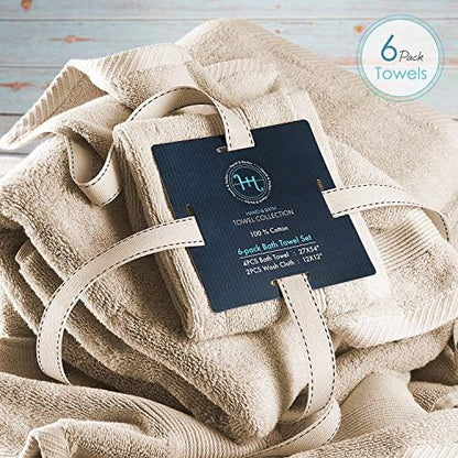 Hearth & Harbor Bath Towels for Bathroom - 100% Ring Spun Cotton Luxury Bathroom Towels - Ultra Soft & Highly Absorbent, Bath Towels Set of 6 - Beige Cream