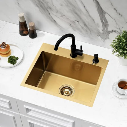 20x16 Gold Drop In Bar Sink Stainless Steel Small Outdoor Sink | Gold Kitchen Sink Wet Bar 16 Gauge Top Mount Single Bowl Sink with Drain Strainer