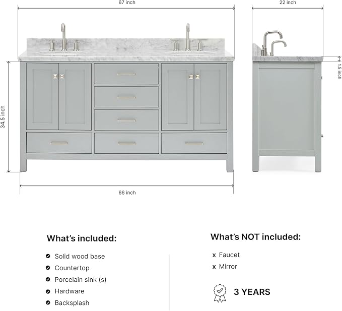ARIEL Cambridge 66-inch Bathroom Vanity with Sink,Solid Wood, 1.5-inch Italian Carrara Marble Countertop & Backsplash, Double Oval Porcelain Sink, 4 Soft Closing Doors, 6 Dovetail Drawers, Grey