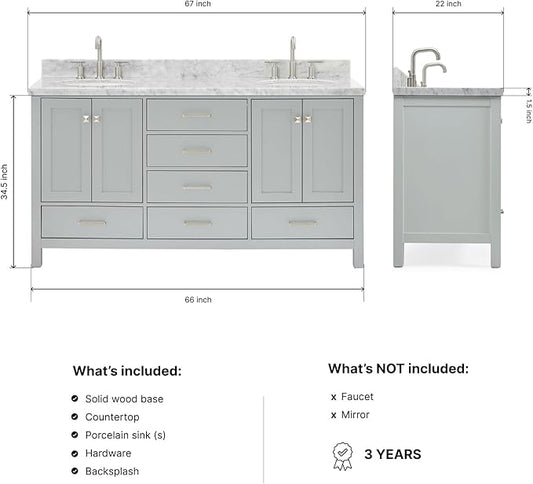 ARIEL Cambridge 66-inch Bathroom Vanity with Sink,Solid Wood, 1.5-inch Italian Carrara Marble Countertop & Backsplash, Double Oval Porcelain Sink, 4 Soft Closing Doors, 6 Dovetail Drawers, Grey