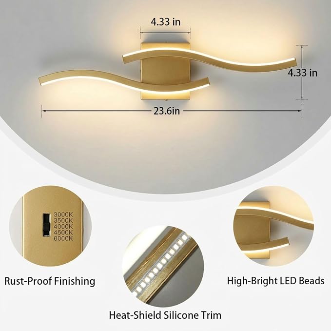 Vanity Light for Bathroom, 23.6 Inch Gold LED Dimmable | Bathroom Lights Fixture Over Mirror, 5CCT Adjustable Color Temperatures Modern Wall Sconces for Bathroom Bedroom Living Room