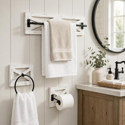 Ilyapa Towel Bar, TP Holder & Towel Ring Set, White Wood, Black Metal | Bar Accents, Wall Mounted Design, Farmhouse Bathroom Décor, Includes Mounting Hardware