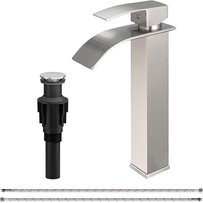 Waterfall Bathroom Faucet Brushed Nickel Stainless Steel Vessel Sink Faucet | Single Handle One Hole Deck Mount,Bowl Vanity Sink Faucet,with Pop-up Drain Stopper and Supply Hose,Lead-Free by Bathfinesse