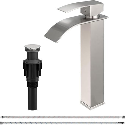 Waterfall Bathroom Faucet Brushed Nickel Stainless Steel Vessel Sink Faucet | Single Handle One Hole Deck Mount,Bowl Vanity Sink Faucet,with Pop-up Drain Stopper and Supply Hose,Lead-Free by Bathfinesse