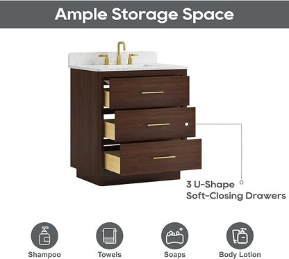 30 Inch Bathroom Vanity with Sink, Solid Wood Frame with Engineered Marble Countertop, Fully-Assembled Vanity with Soft-Close Drawers, Adjustable Feets, Warm Elm