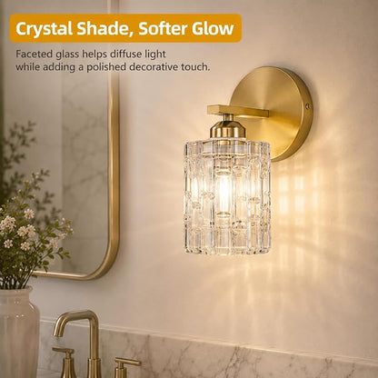 2-Pack 1-Light Modern Matte Black Crystal Wall Sconces, Hardwired Indoor Bathroom Vanity Light Fixtures, Crystal Over Mirror Lamps for Living Room, Bedroom, Hallway