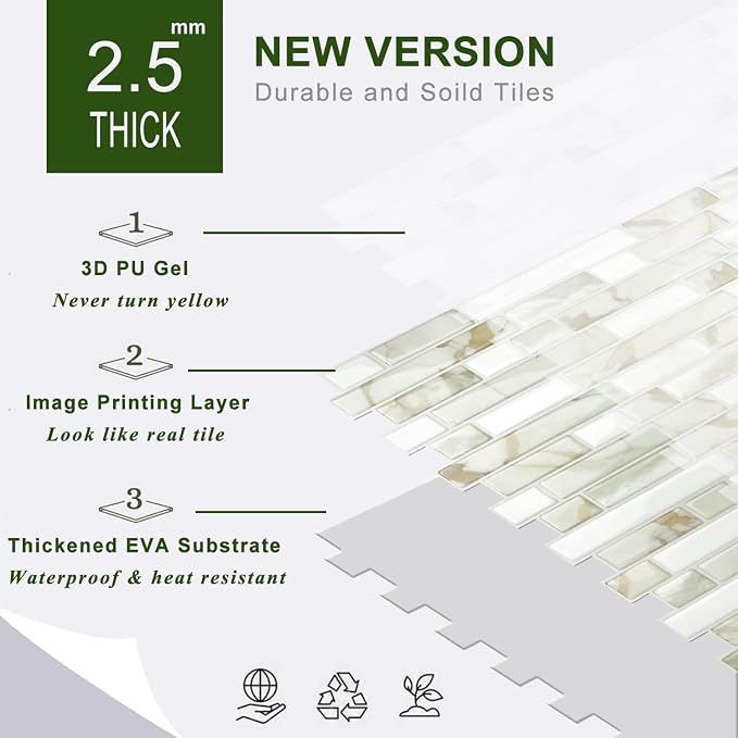 STICKGOO Thicker Design Peel and Stick Tile Backsplash, 12”×12”Stick on Backsplash for Kitchen, Self Adhesive Tile for Kitchen Backsplash and Bathroom(10 Sheets, Faux Calacatta Marble)