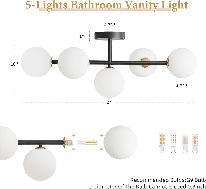 Black Bathroom Vanity Light Fixture,5 Lights Mid Century Modern Wall Sconce | Modern Milk White Glass Globe Makeup Wall Sconce Lighting,Matte Black Minimalist Bathroom Vanity Light over Mirror,G9 Base