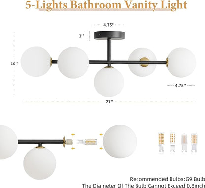 Black Bathroom Vanity Light Fixture,5 Lights Mid Century Modern Wall Sconce | Modern Milk White Glass Globe Makeup Wall Sconce Lighting,Matte Black Minimalist Bathroom Vanity Light over Mirror,G9 Base