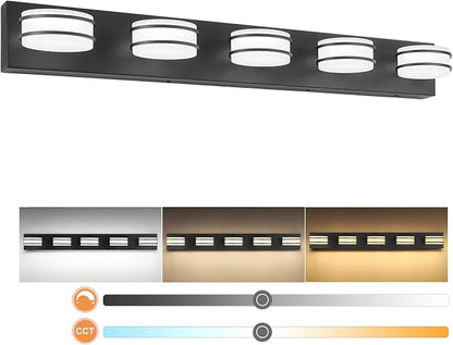 GOODATE 3 Color Temperature Dimmable Bathroom Light Fixtures Over Mirror, LED Black 5 Light Vanity Lighting Fixtures, Acrylic Stainless Steel Oval Shade Vanity Lights for Bathroom, ETL Certificated