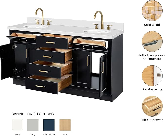 ARIEL Hepburn 66-inch Bathroom Vanity with Sink,Solid Wood, 1.5-inch Pure White Quartz Countertop & Backsplash, Double Oval Porcelain Sink, 4 Soft Closing Doors, 6 Dovetail Drawers, Black