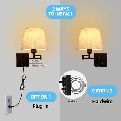 Bedside Wall Mount Light with Dimmable Switch and Outlet, Swing Arm Fabric Shade Wall Sconce Light with USB Port and Plug in Cord, Black Wall Lamp for Bedroom, Living Room and Hotel
