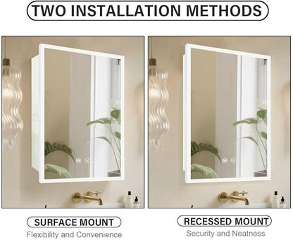 LED White Medicine Cabinet with Light,16×24inch,Recess Mirror Cabinet for Bathroom,3 Color,Dimmable,Demister,Detachable Side Plate,Recess Mount or Surface Mount