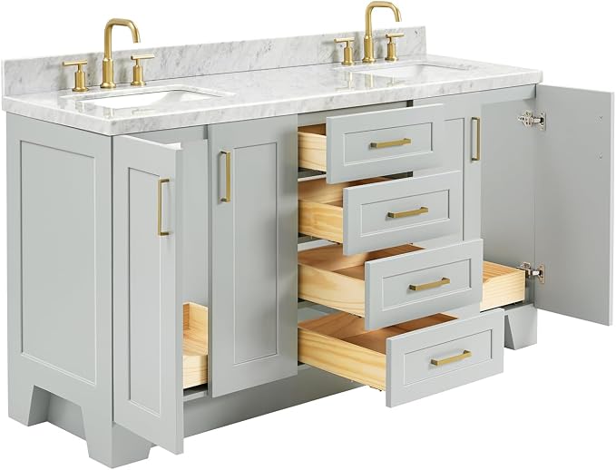 Emilia 66-Inch Grey Double Bathroom Vanity, 1.5-Inch Edge Italian Carrara Marble Countertop & Splash, Rectangular Sinks, 4 Soft-Closing Doors, 6 Dovetail Drawers, Toe Kick, Satin Brass