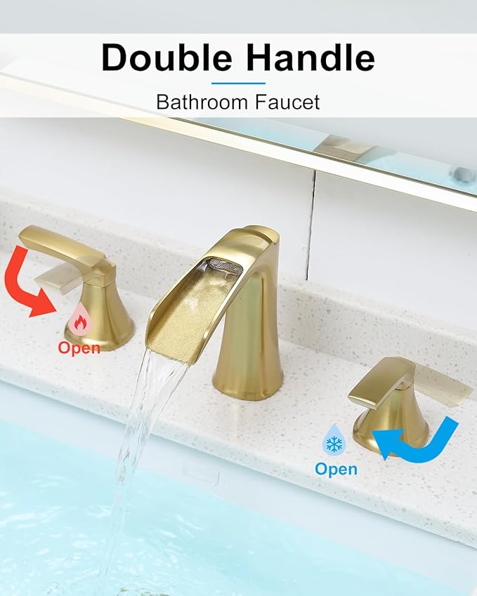 Fapully Bathroom Faucet 3 Hole, Polished Brushed Gold Waterfall 8 Inch Widespread Bathroom Sink Faucet with Pop-up Drain, Two-Handle Faucet for Bathroom Sink