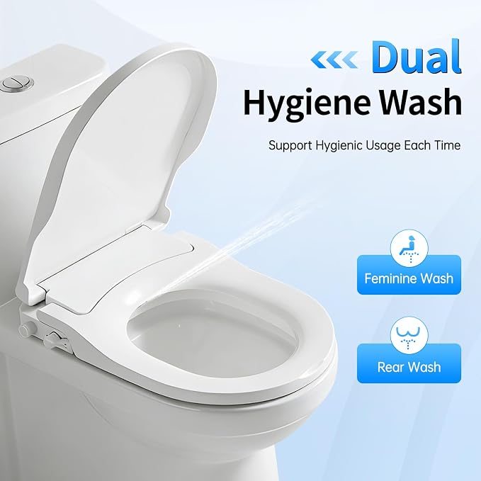 D-shaped Non-Electric Bidet Toilet Seat for Elongated Toilets | Non-Electric Swash Ecoseat Elongated Comfort Fit Toilet Seat，Dual Nozzle System
