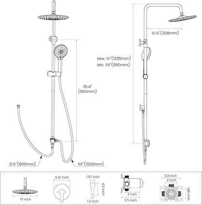 Hurran Shower System with 10 Inch Rain Shower Head and Handheld Sprayer, 3-Function Wall Mounted Bathroom Shower Faucet Set Height Adjustable Holder, Modern Shower Trim Kit Valve Included, Matte Black