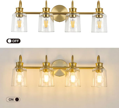 4 Lights Bathroom Light Fixtures Modern Gold Vanity Lights | ETL Certificate, Easy to Install,Wall Mount Up or Down,Thickened Glass Lampshade,E26 Socket,Hardwired