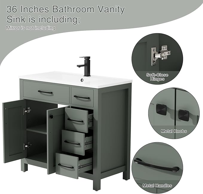 LUCKWIND 36" Bathroom Vanity with Sink Combo, Painted Modern Bathroom Storage Cabinet with Ceramic Sink, Two Doors and Three Drawers, Include Faucet, Without Mirror, Green