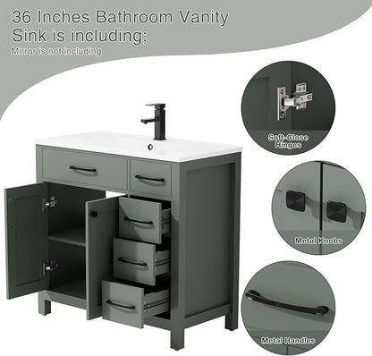 LUCKWIND 36" Bathroom Vanity with Sink Combo, Painted Modern Bathroom Storage Cabinet with Ceramic Sink, Two Doors and Three Drawers, Include Faucet, Without Mirror, Green