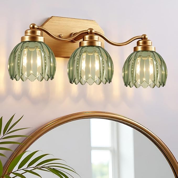 Gold Vanity Light, Vintage Tulip Green Glass Shade, Antique Brass Finish | 3 Light Brushed Gold Bathroom Light Fixtures, Crystal Wall Sconce, Mounted Over Mirror for Bedroom Hallway, Easy to Install