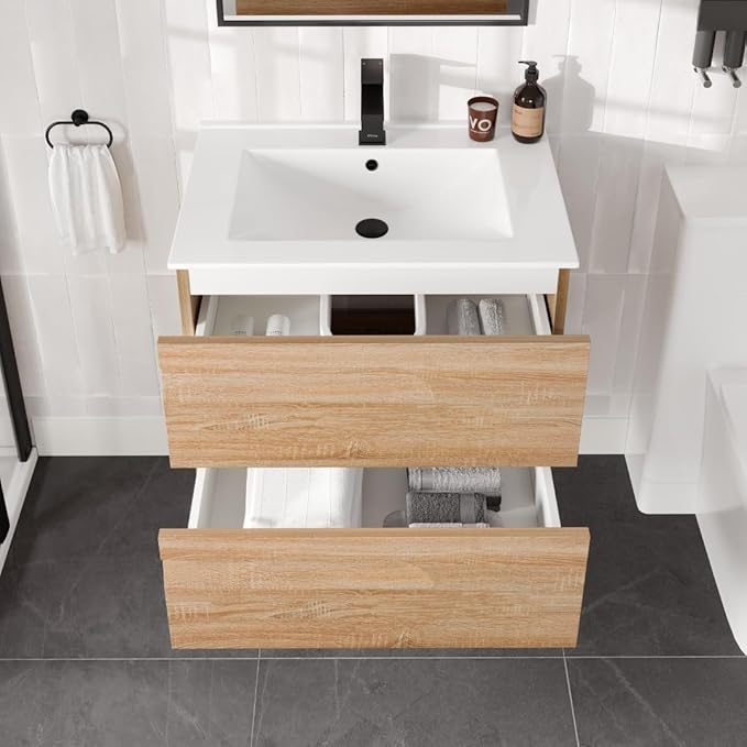 Eviva Joy 28 in. Maple Wall MountSingle Sink Bath Vanity with Porcelain Top and Integrated Sink