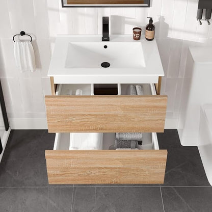 Eviva Joy 28 in. Maple Wall MountSingle Sink Bath Vanity with Porcelain Top and Integrated Sink