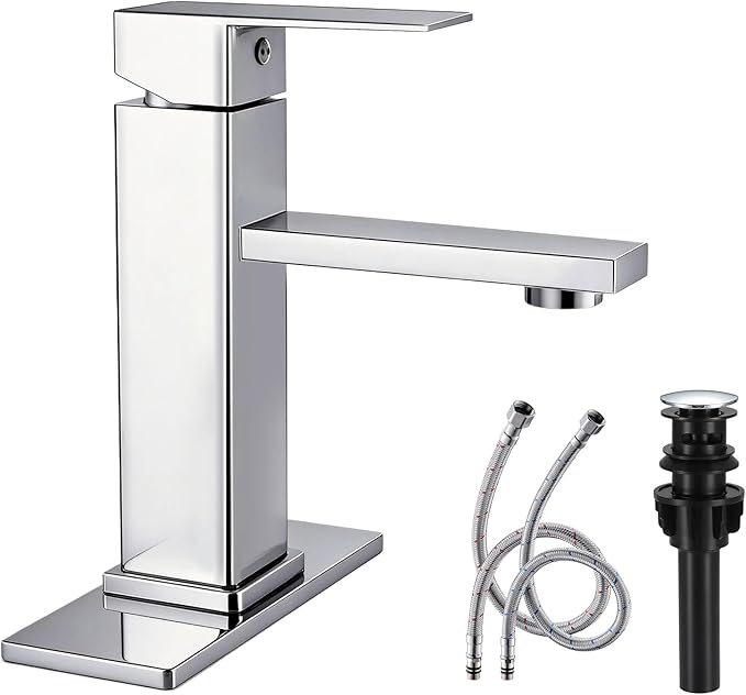 Chrome Bathroom Faucet with Pop-Up Drain | Single Handle Bathroom Sink Faucet with Deck Plate, Suitable for RV, Farmhouse, Vanity Sinks, 1 or 3 Hole Installation