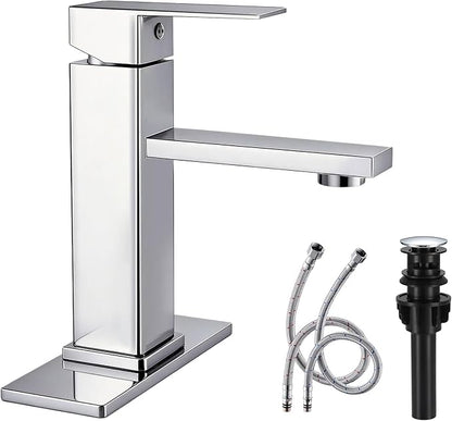 Chrome Bathroom Faucet with Pop-Up Drain | Single Handle Bathroom Sink Faucet with Deck Plate, Suitable for RV, Farmhouse, Vanity Sinks, 1 or 3 Hole Installation