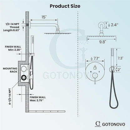 gotonovo Shower System 10 Inch Round Rainfall Showerhead Wall Mounted High Pressure Shower Faucet Set Fixture Combo with Rough in Valve and Cylindrical Handheld Spray, Brushed Gold