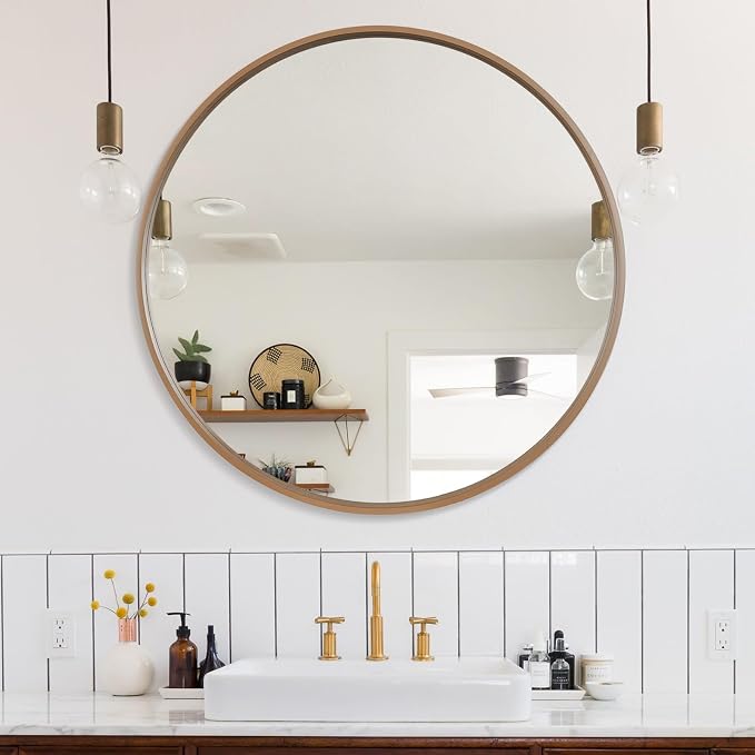 Round Wood Mirror, 36" Round Modern Decoration Large Circle Wall Mirror for Bathroom Living Room Bedroom Entryway, Honey