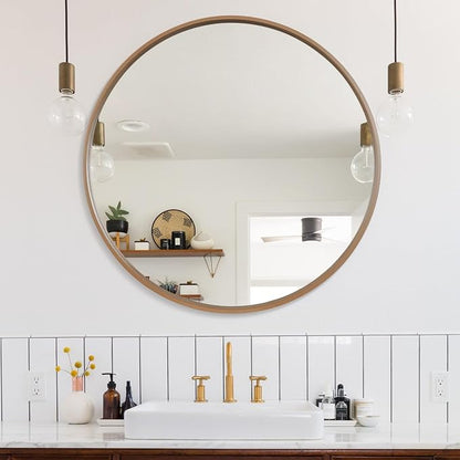 Round Wood Mirror, 36" Round Modern Decoration Large Circle Wall Mirror for Bathroom Living Room Bedroom Entryway, Honey