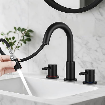 Bathroom Faucet 3 Hole, 8 Inch Widespread 2 Handle Pull Down Bathroom Sink Faucets with Pop Up Drain and 360° Swivel Spout,Matte Black