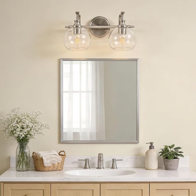 Brushed Nickel Bathroom Light Fixture, 2 Light Bathroom Vanity Light, Farmhouse Silver Wall Sconce, Anti-Rust Wall Lamp with Sturdy Metal Lamp Body for Bedroom, Living Room, Restroom
