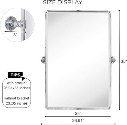 TEHOME Chrome Pivot Rectangle Bathroom Vanity Mirrror Farmhouse Tiltable Rounded Metal Framed Pivoting Bathroom Mirror with Beveled Mirrror, Overall 26.91 x 35 inches (Mirrror 23 x 35 inches)