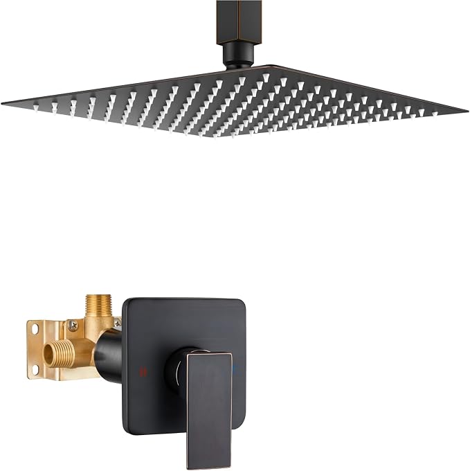 Heyalan12-Inch Ceiling Mount Shower Faucet Set with Valve,Oil Rubbed Bronze | Rainfall shower head, ceiling-mount design, SUS304 steel, adjustable angle, single-handle control