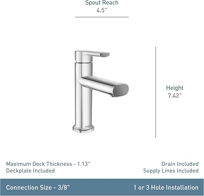 Moen Meena Matte Black One-Handle Single Hole Modern Bathroom Sink Faucet with Optional Deckplate and Drain Assembly, 84794BL