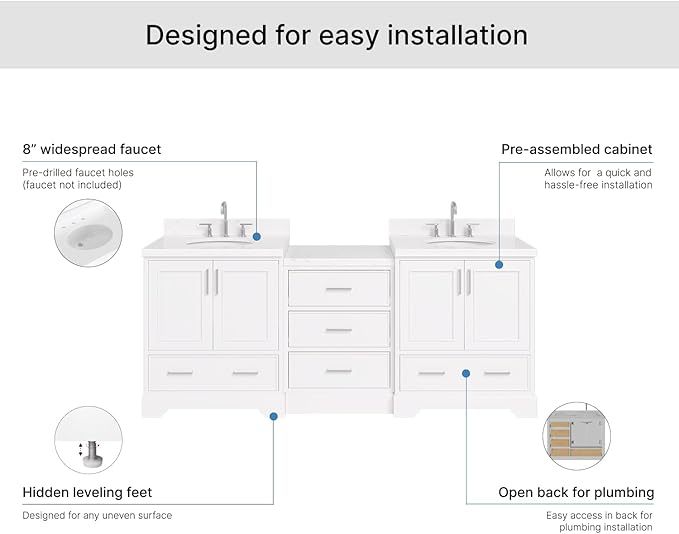ARIEL Stafford 84-inch Bathroom Vanity with Sink,Solid Wood, 1.5in Carrara White Quartz Countertop & Backsplash, Double Oval Porcelain Sink, 4 Soft Closing Doors, 5 Dovetail Drawers, White
