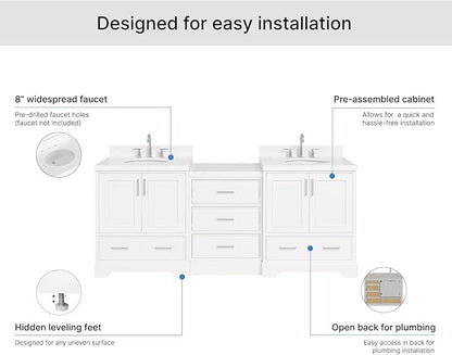 ARIEL Stafford 84-inch Bathroom Vanity with Sink,Solid Wood, 1.5in Carrara White Quartz Countertop & Backsplash, Double Oval Porcelain Sink, 4 Soft Closing Doors, 5 Dovetail Drawers, White