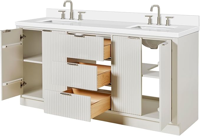 ARIEL Milan 72-inch Bathroom Vanity with Sink,Solid Wood, 1.5-inch Pure White Quartz Countertop & Backsplash, Double Rectangular Porcelain Sink, 4 Soft Closing Doors, 3 Dovetail Drawers, Warm White
