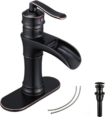 Oil Rubbed Bronze Bathroom Faucet GGStudy Waterfall Single Handle One Hole Farmhouse Bronze Bathroom Vanity Faucet Basin Mixter Tap Deck Mount with Drain Assembly