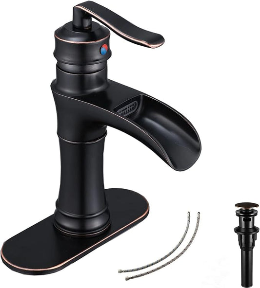 Oil Rubbed Bronze Bathroom Faucet GGStudy Waterfall Single Handle One Hole Farmhouse Bronze Bathroom Vanity Faucet Basin Mixter Tap Deck Mount with Drain Assembly