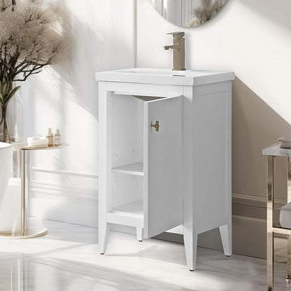 Vanity Art 20 inch Bathroom Vanity with Single Sink & Ceramic Top, Vanity Cabinet with Soft-Closing Door, Solid Wood Frame, Linear Pattern, White, Golden Brushed Handware VA9120-W-GB