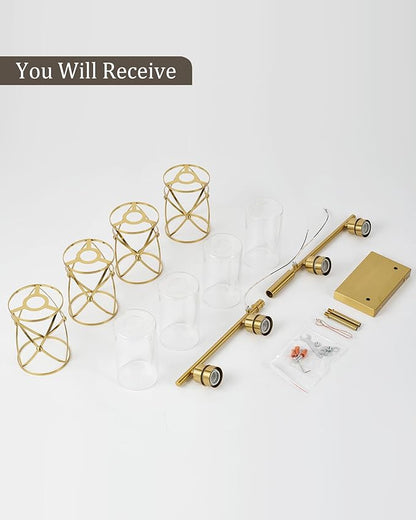 4-Light Brushed Gold Bathroom Light Fixtures, 29 Inch Modern Bathroom Vanity Lighting Fixtures Over Mirror with Clear Glass and Metal Cage Wall Sconce Lights for Bath, E26, CH9176BG-4W
