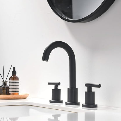 Two Handle Widespread Bathroom Sink Faucet - 3 Hole Vanity Faucet with Pop-Up Drain & cUPC Faucet Supply Lines, 8 Inch Black Bathroom Sink Faucet