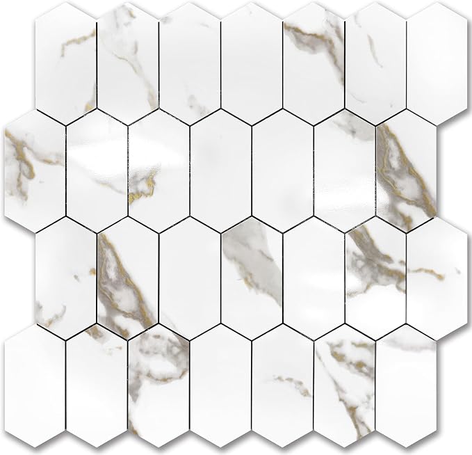 Vamos Tile Long Hexagon Peel and Stick Backsplash Tile - 10 Sheets Stick on Backsplash for Kitchen and Bathroom 12.4 x 12 Inch Glossy White Marble with Gold Veining PVC Self Adhesive Mosaic Wall Tiles