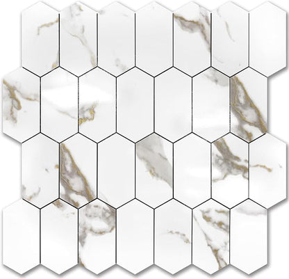 Vamos Tile Long Hexagon Peel and Stick Backsplash Tile - 10 Sheets Stick on Backsplash for Kitchen and Bathroom 12.4 x 12 Inch Glossy White Marble with Gold Veining PVC Self Adhesive Mosaic Wall Tiles