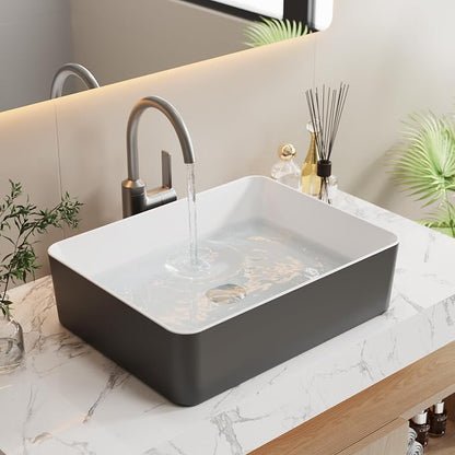 19"x15" Black & White Rectangle Ceramic Vessel Bathroom Sink | Modern Rectangular Countertop Sink Crafted from Durable Ceramic, Compatible with Vessel Sink Faucets, Smooth Two-Tone Finish